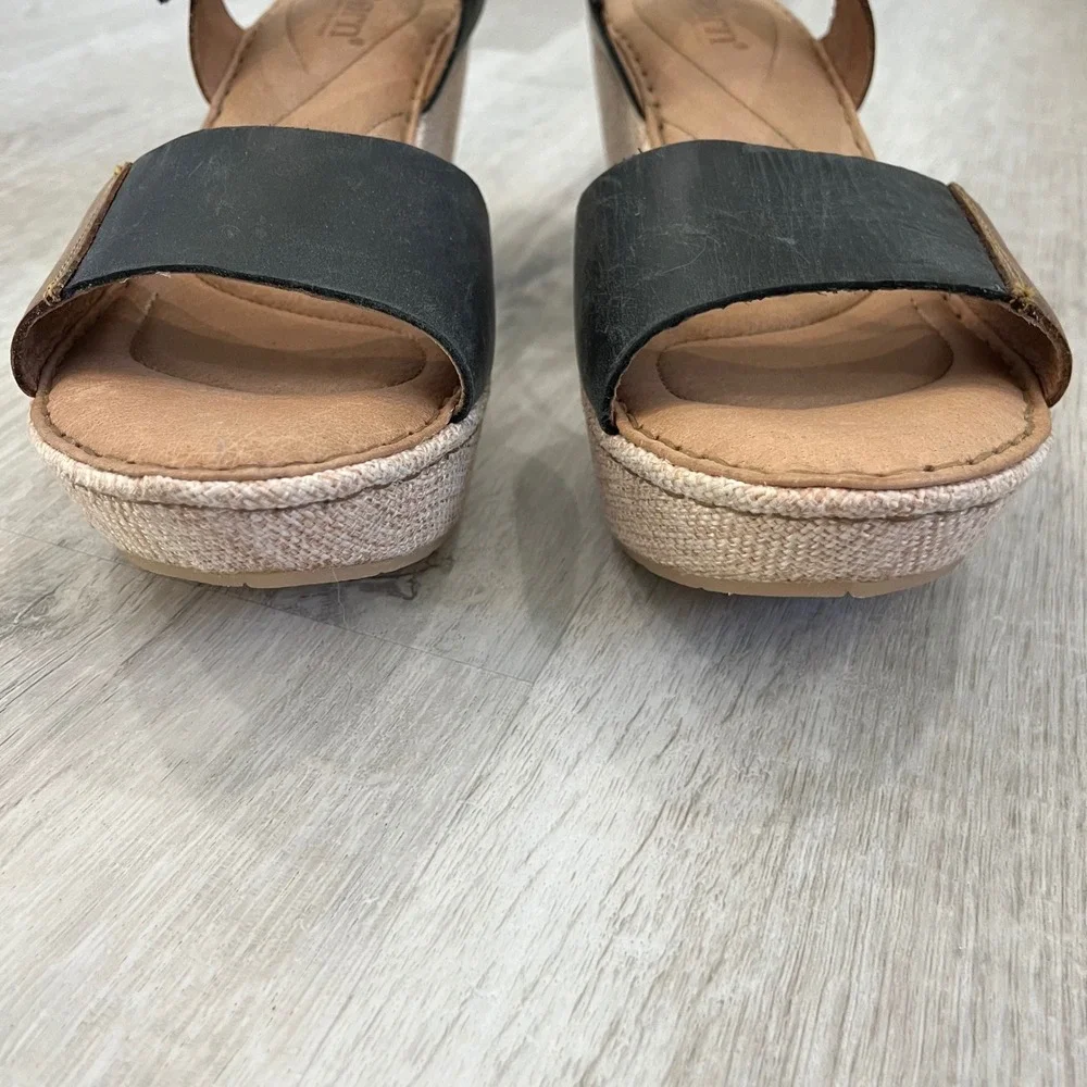 Born Nectar Leather Wedge Sandals Brown Black Two Tone Open Toe Women 10 Comfort
